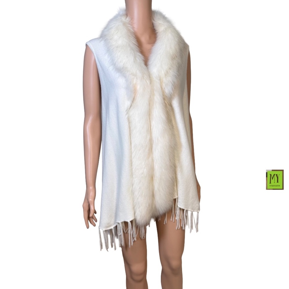 Origami by Vivian Cream Faux Fur Trim Fringe Knit Vest S/M